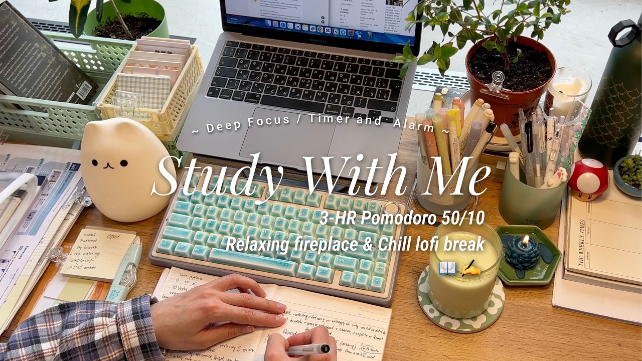 3-HR STUDY WITH ME 🍵 spring cosiness / pomodoro 50/10 ⏱️ with crackling fireplace/ countdown+alarm