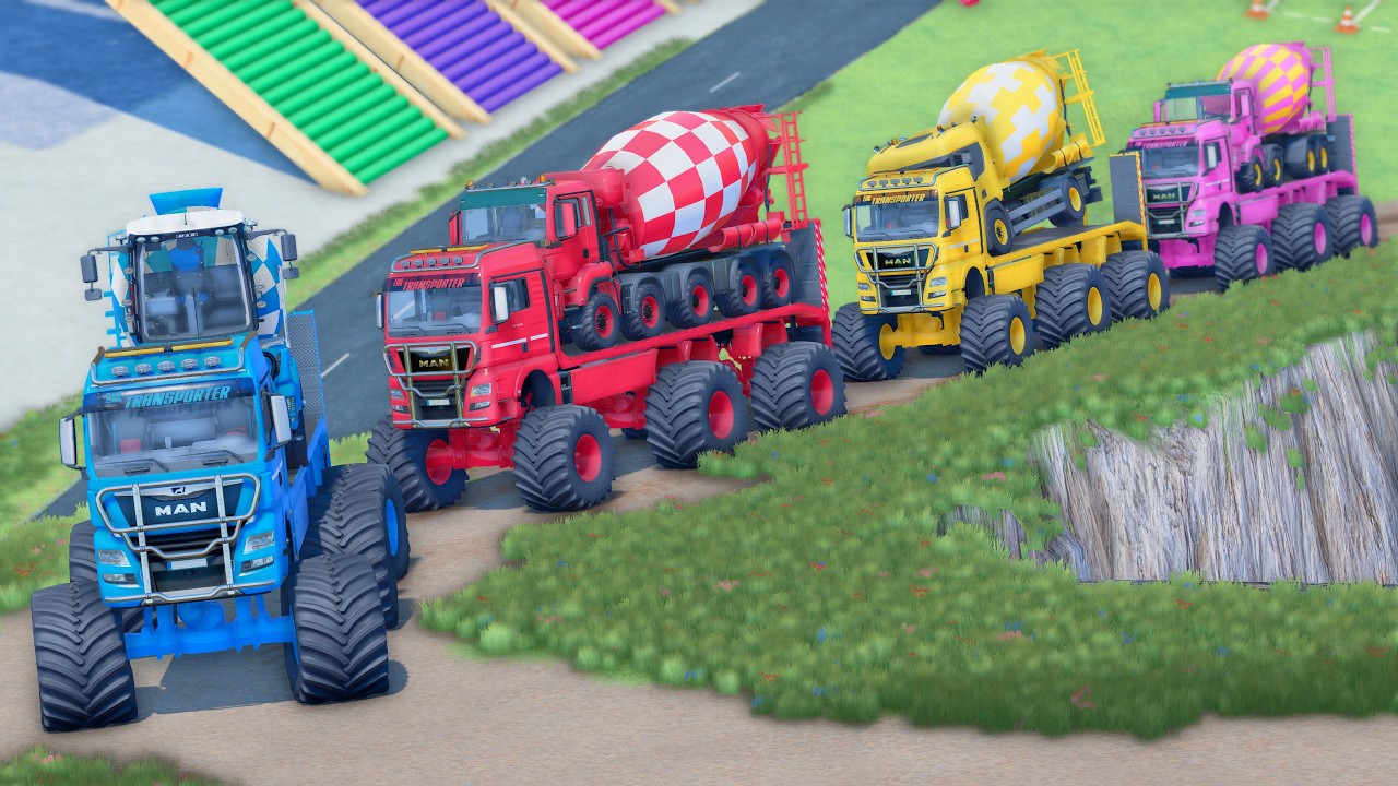 TRANSPORTING COLORED MIXER TRUCK WITH MONSTER FLATBED TRUCKS! MAN, MERCEDES, RENAULT, VOLVO - FS25