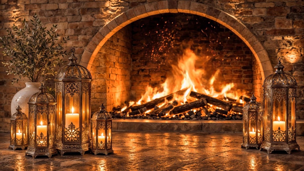 Ramadan Kareem Tv art | Relaxing Fireplace Background🌙 خلفية شاشة رمضان الدافئة مع فوانيس رمضانية