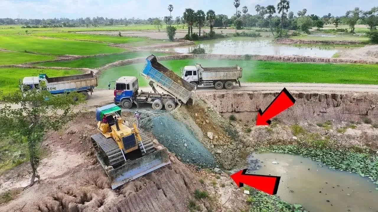 Incredible Scene!! Bulldozer D60P Working on Resort Pond Filling With Many Dump Truck 25Ton