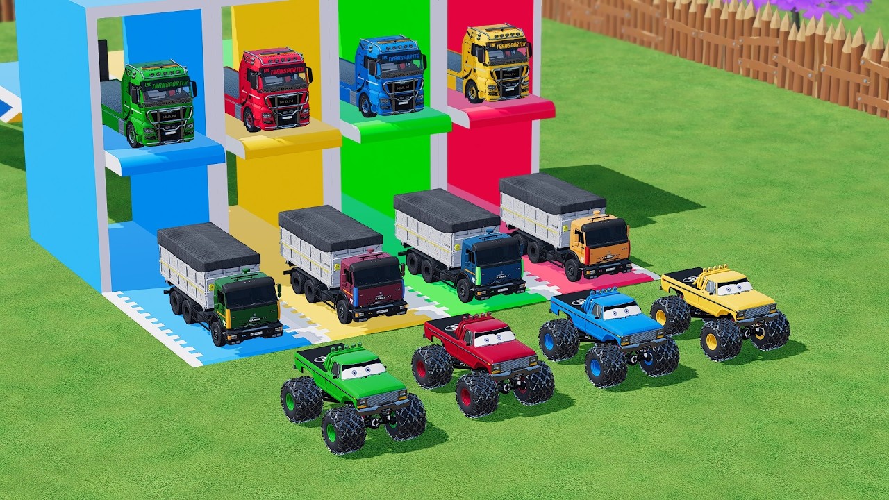 Garage with Colors - ALL MIXER TRUCK WITH DOUBLE FLATBED TRAILER TRUCK, MAN, KAMAZ, HINO, MACK