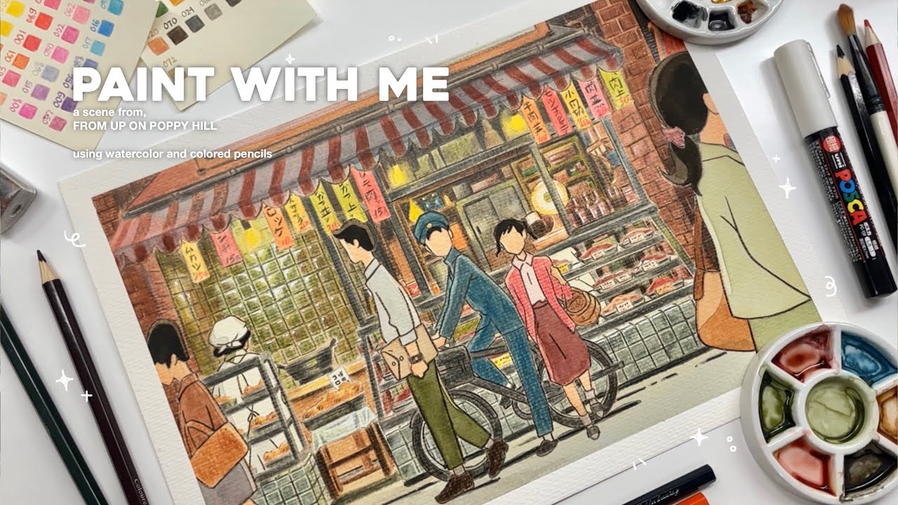 ₊˚✧ paint with me, painting from up on poppy hill’s scene🚲🧃🥩 using watercolor and colored pencils