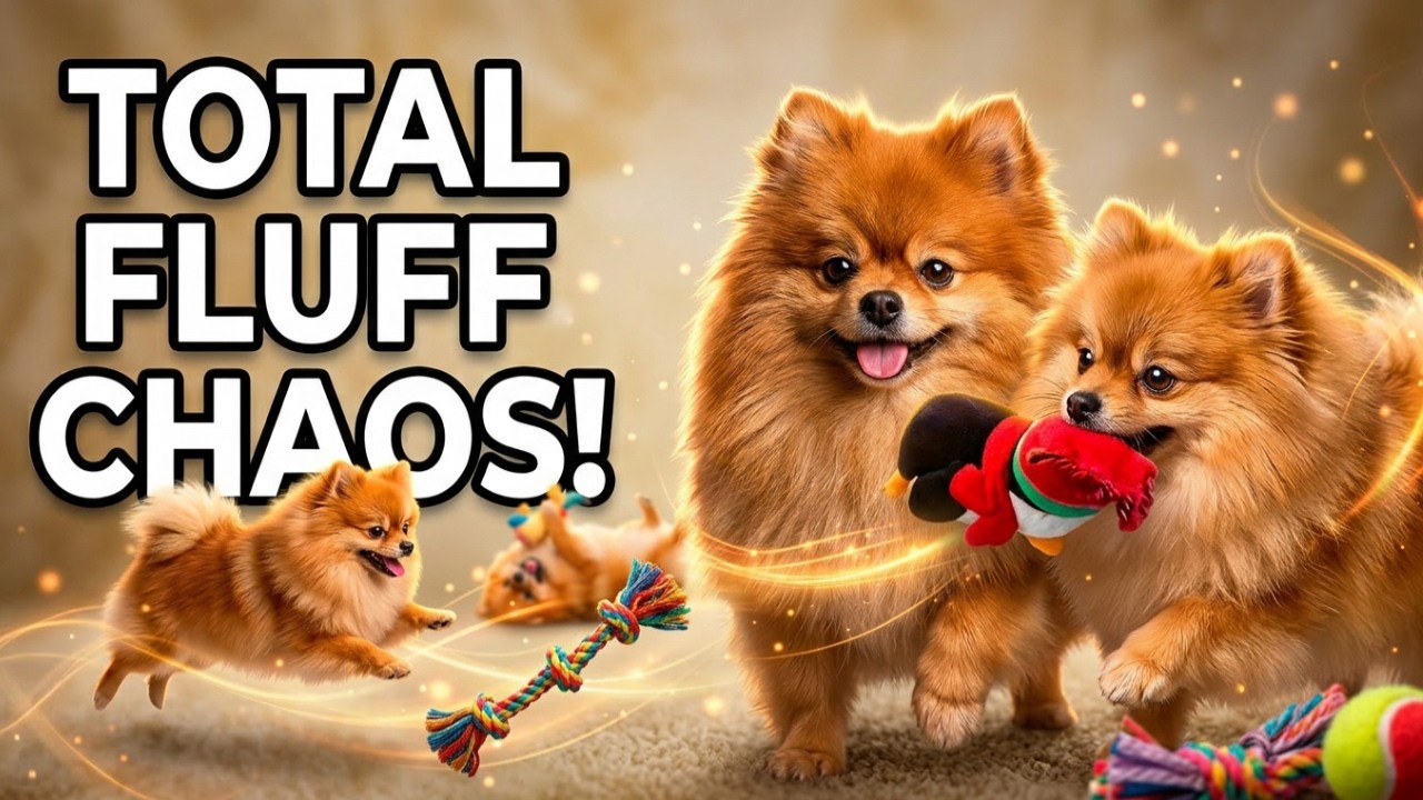 Tiny pomeranian puppies run barking and playing, barking cute sounds