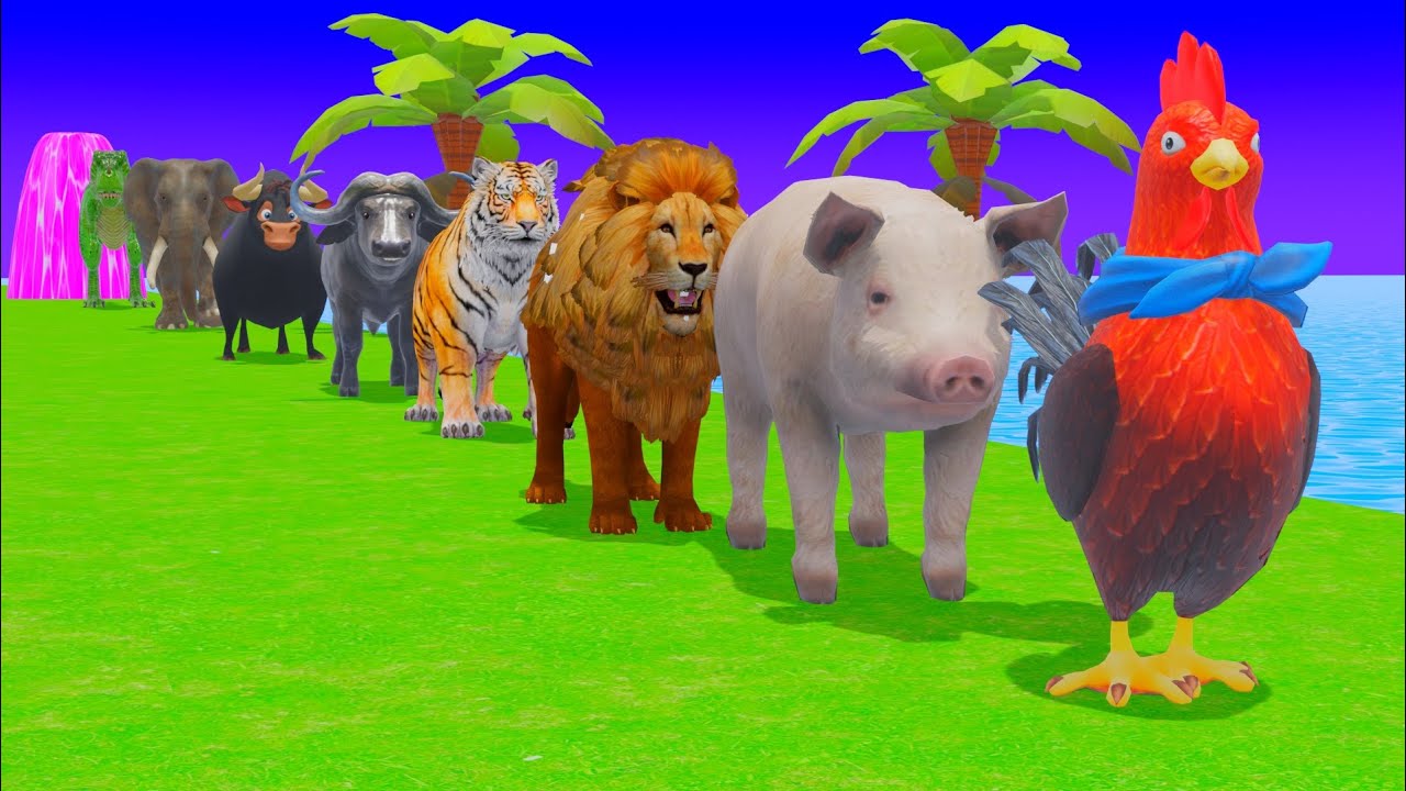 Long Slide Game with Dinosaur Lion Cow Hippopotamus Gorilla 3d Animal Game Funny 3d Animals