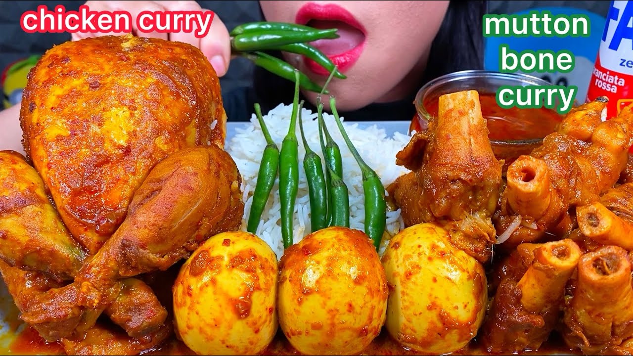 ASMR SPICY WHOLE CHICKEN CURRY, MUTTON BONE CURRY, EGG CURRY, RICE MUKBANG MASSIVE Eating Sounds
