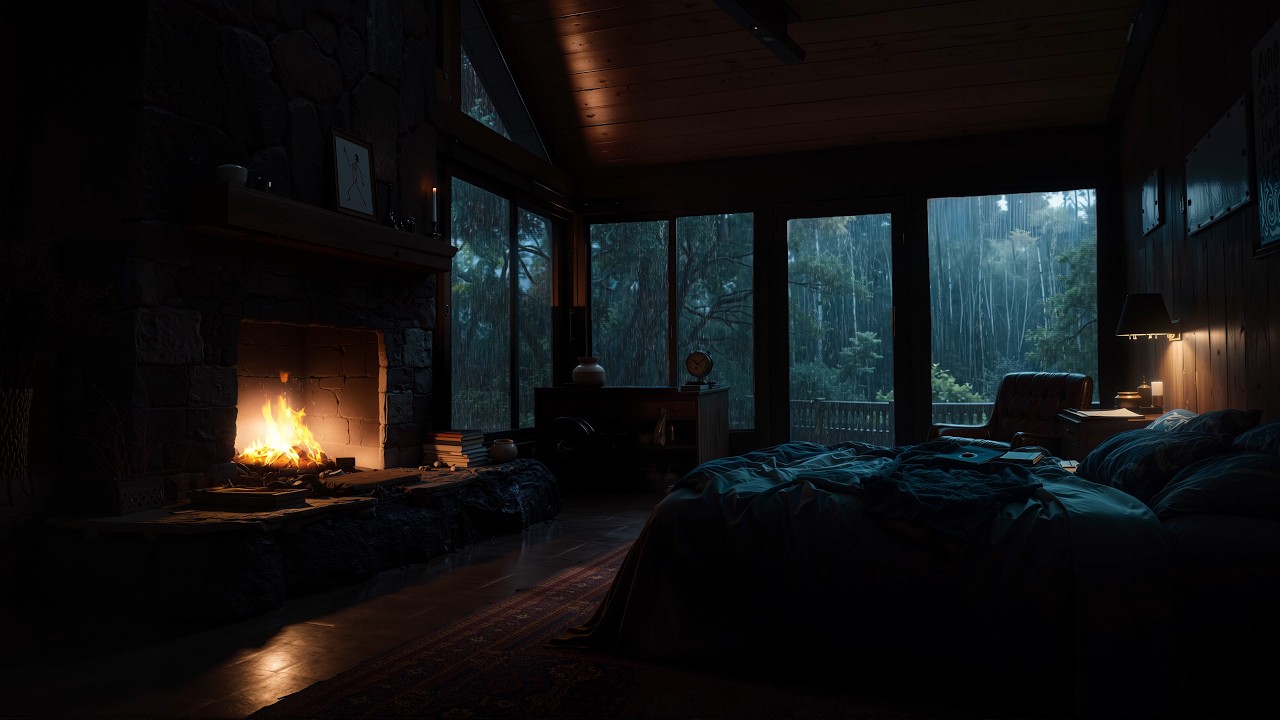 Sleep Through the Rain in Banff 🌧️ Cozy Cabin Fireplace, Heavy Rain & Distant Thunder All Night