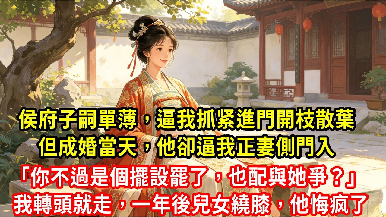 侯府子嗣單薄，逼我進門開枝散葉。但成婚當天，他卻逼我正妻側門入「你不過是個擺設罷了，也配與她爭？」我轉頭就走，一年後我兒女繞膝，他後悔了#生活經驗#情感故事#養老#睡前故事