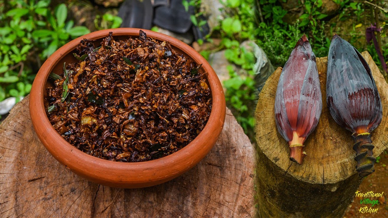 Village Cooking Banana Flower Recipe | ගමේ රසට කෙසෙල් මුව සීනි සම්බෝල | Banana Blossom Recipe