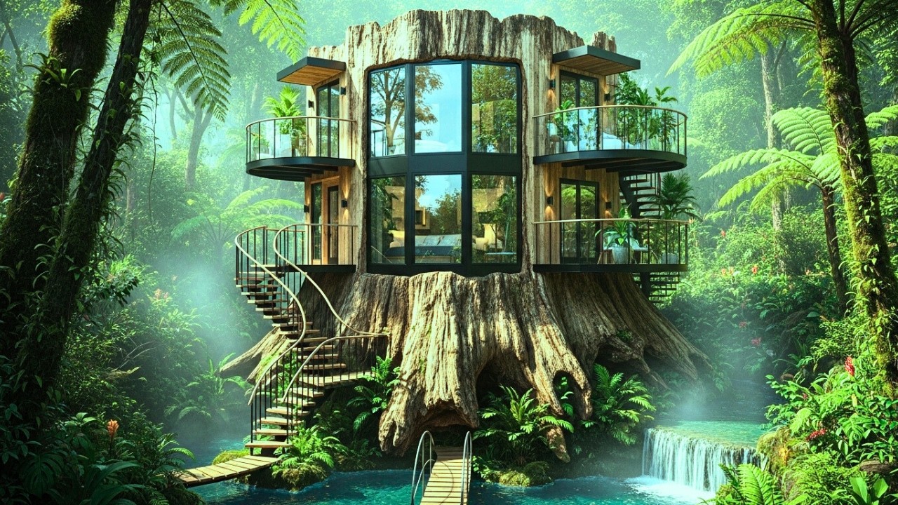 Vertical Luxury Tiny Home in a Giant Tree Stump  Deep Jungle Construction