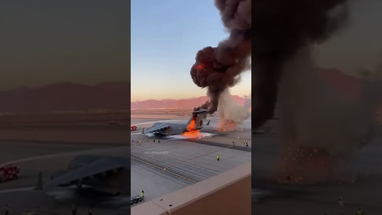 A military transport plane parked on the runway suddenly burst into flames