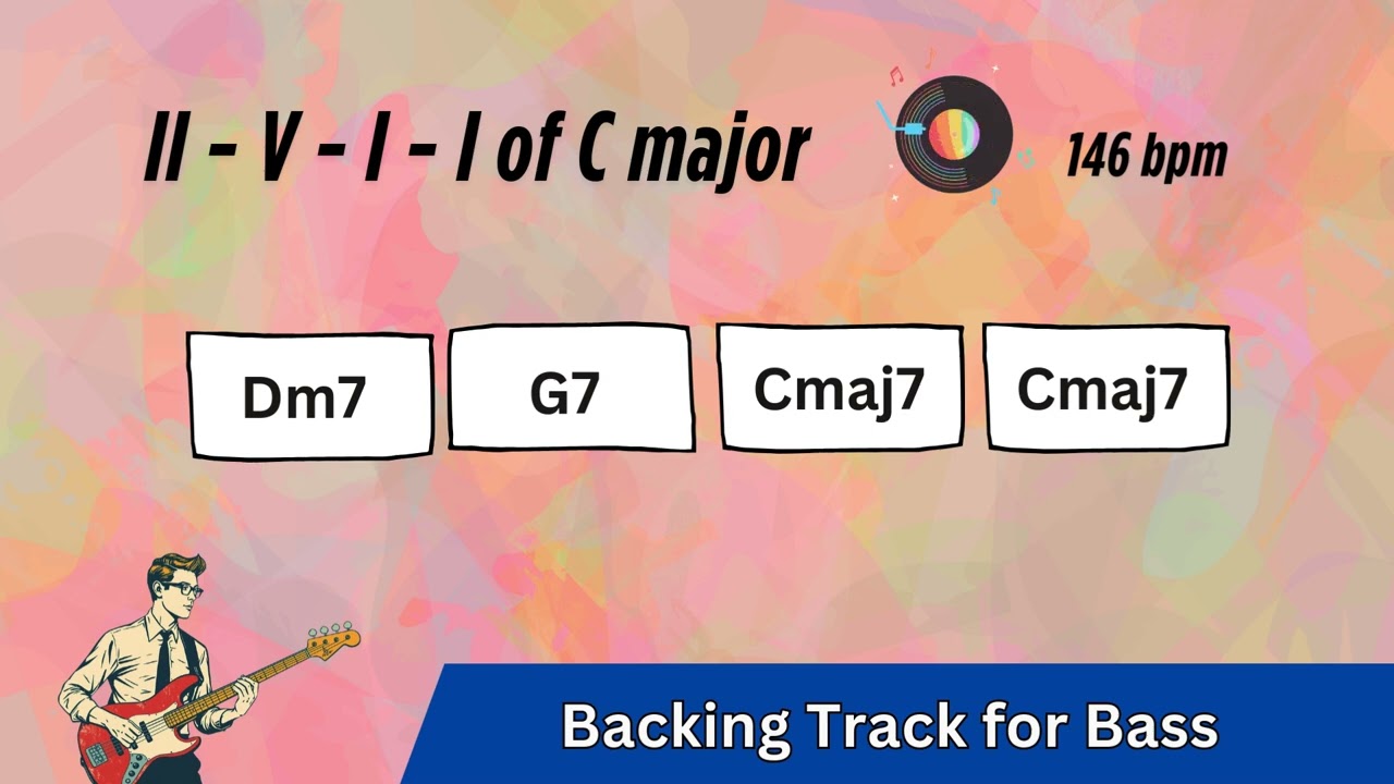 2511 Chord Progression in C major , Backing Track for Walking Bass , 146 bpm