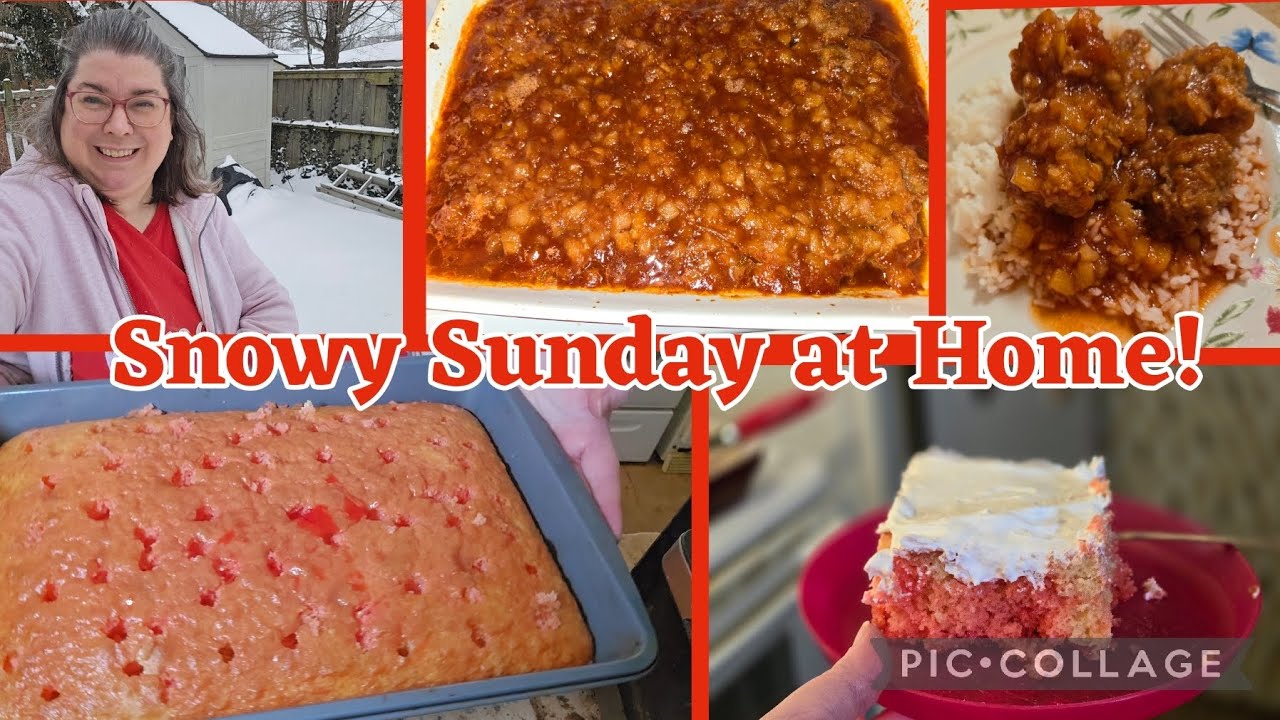 Snowstorm has arrived! Snowy Sunday dinner & dessert! Sweet & sour meatballs & jello cake! Yum! 