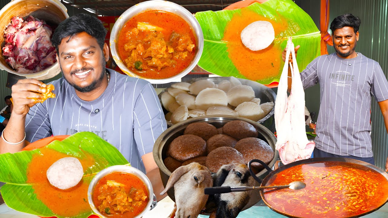 நாட்றம்பள்ளி சந்தை கறி சாப்பாடு | மத்து களி ஆட்டு கறி விருந்து.!! Mutton Kulambu Village Cooking🔥