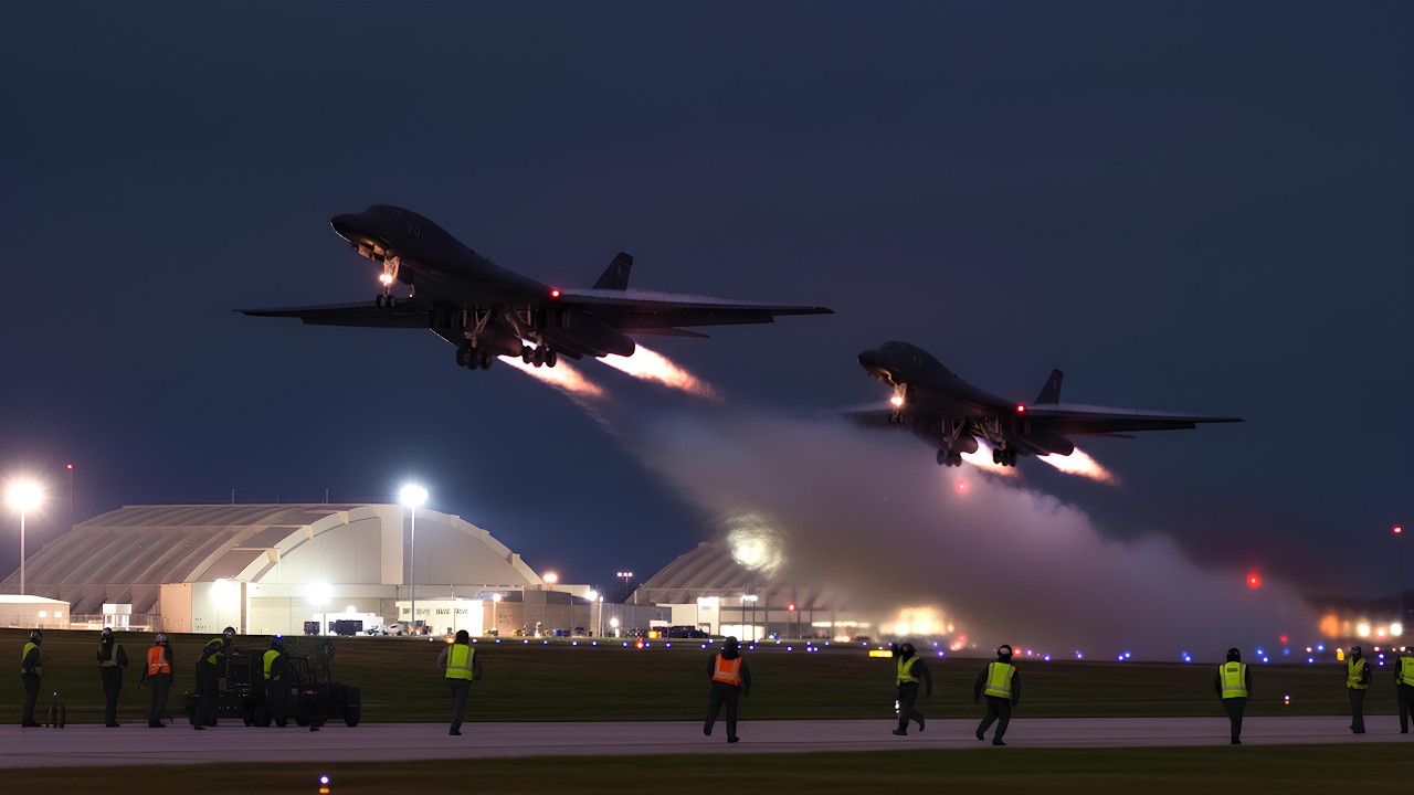 Полуночное напряжение! Пилот американского бомбардировщика B-1 Lancer взлетает на полной скорости во