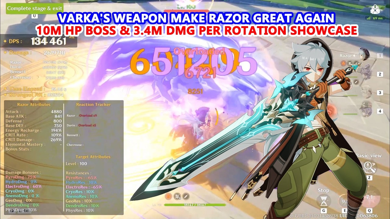 Varka's Weapon Make Razor Great Again : 10M HP Boss & 3.4M DMG Per Rotation Showcase