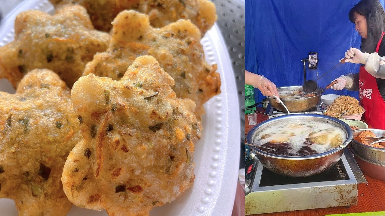 Cooking deep fried rice mochi cake with meat and vegetable fillings.