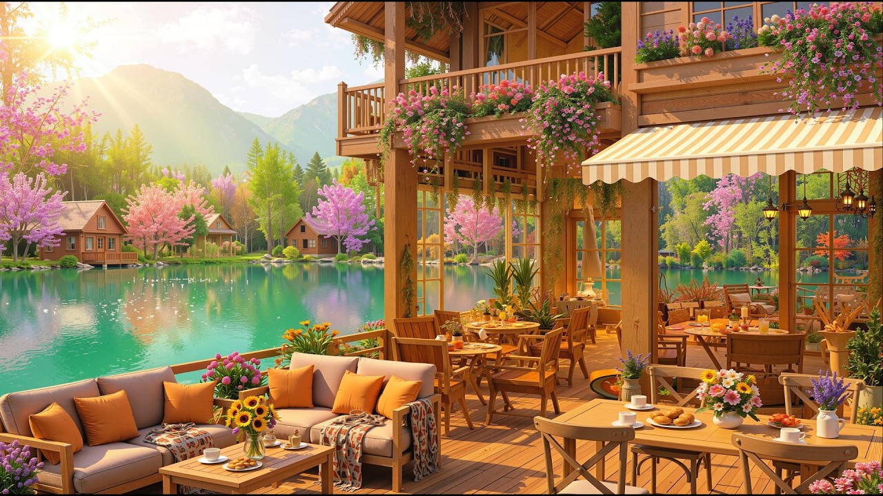 Springtime Lake with Peaceful Smooth Jazz Music 🌸Outdoor Coffee Shop Ambience & Relaxing Jazz Music