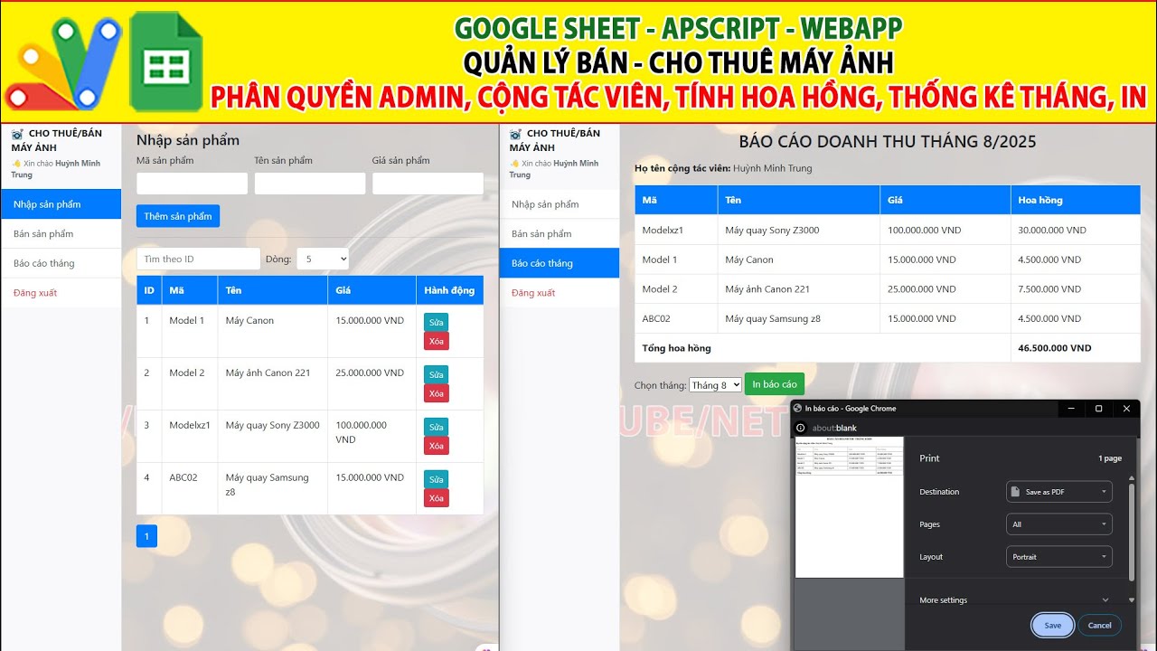 Google sheet Webapp Quản l&yacute; B&aacute;n m&aacute;y ảnh- Ph&acirc;n quyền, b&aacute;n sản phẩm, b&aacute;o c&aacute;o th&aacute;ng cho cộng t&aacute;c vi&ecirc;n