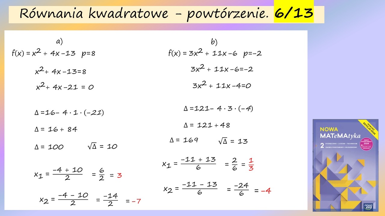6str.13 Wyznacz argumenty dla kt&oacute;rych funkcja f przyjmuje wartość r&oacute;wną p a) f(x) = x^2 + 4x - 13