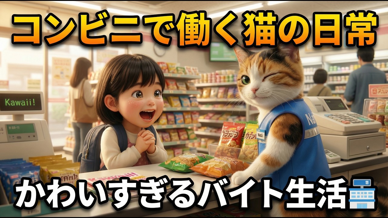 ナビちゃんのコンビニバイト  可愛い三毛猫のナビがコンビニでアルバイトする一日を描きました!朝の起床から退勤まで、リアルなコンビニバイトの日常を猫バージョンで再現!