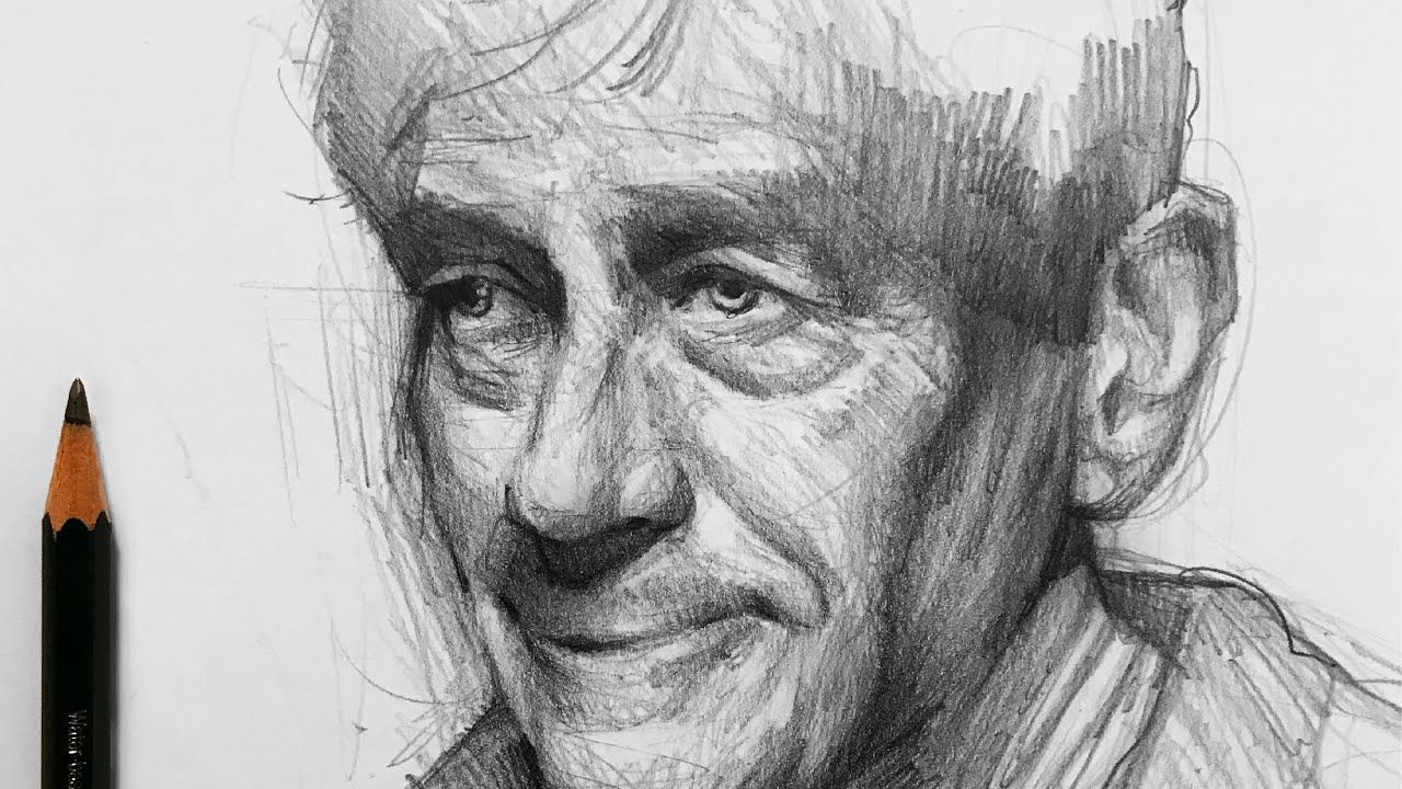 Old Man Expressive Portrait Sketch with Graphite Pencils/ Crosshatching Technique by Juan Perednik