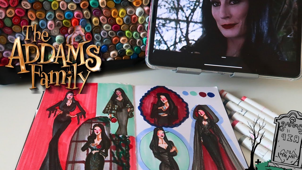 Sketch With Me 👻💀🥀Using  Alcohal markers OHUHU ✍️ Morticia addams |Halloween art 