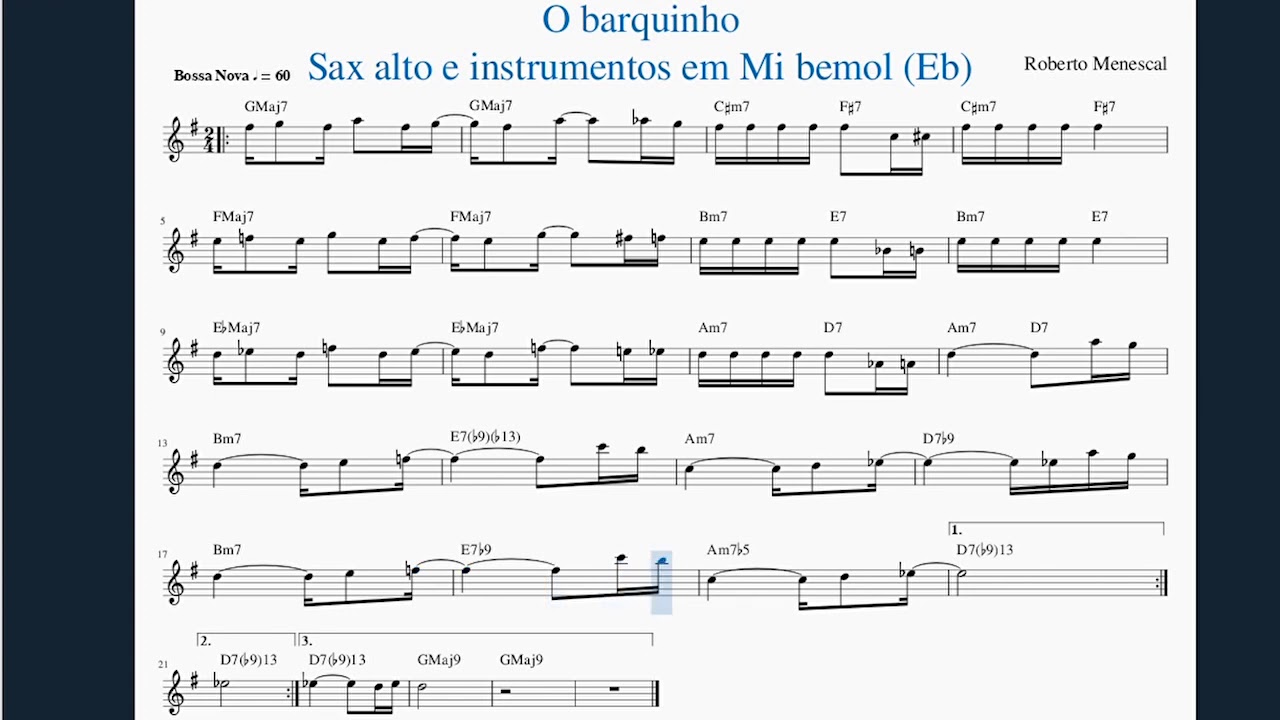 O barquinho (Bossa-nova) - Playback - playalong. Partitura - score para saxophone alto - (Eb)