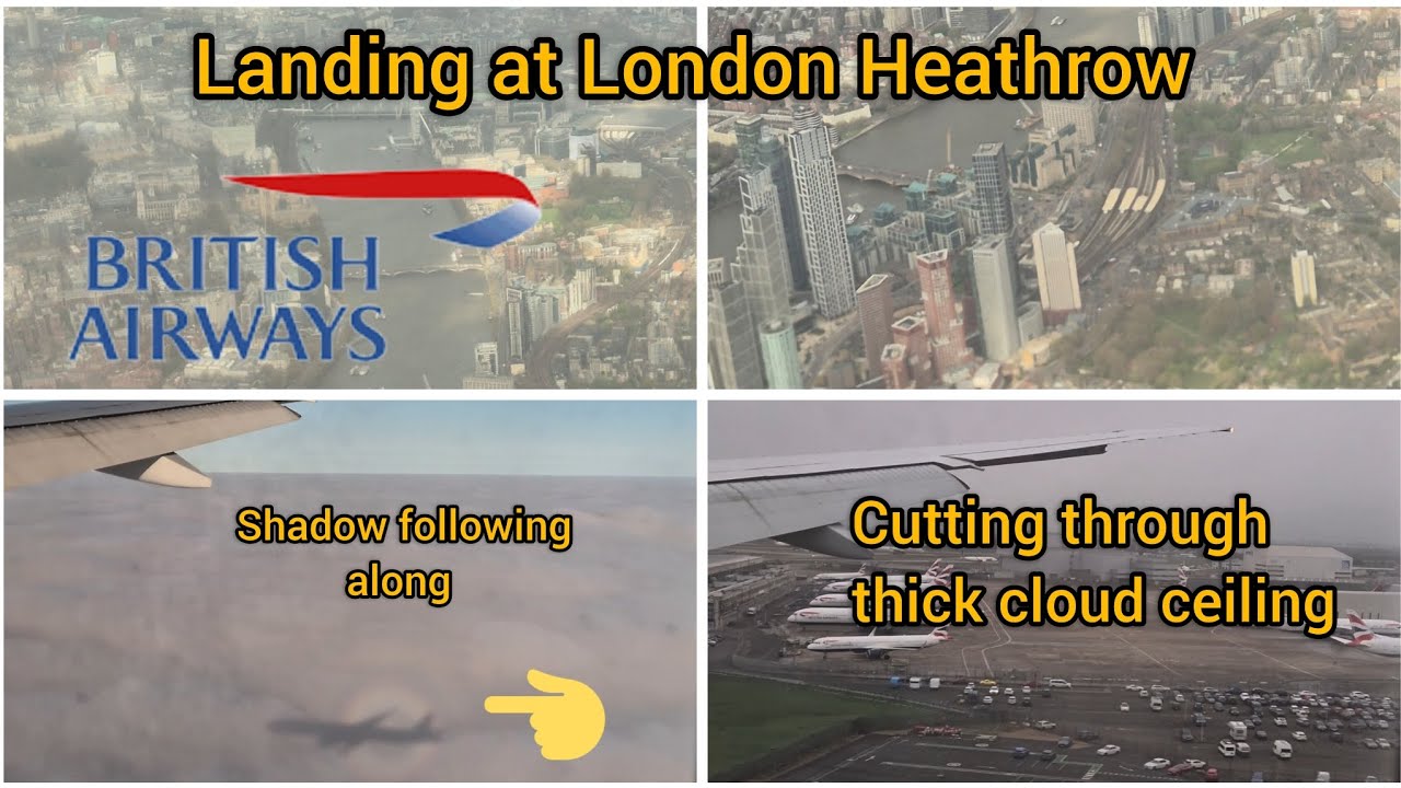 Landing at London Heathrow airport through dence cloud ceiling. Clear Sunny above clouds
