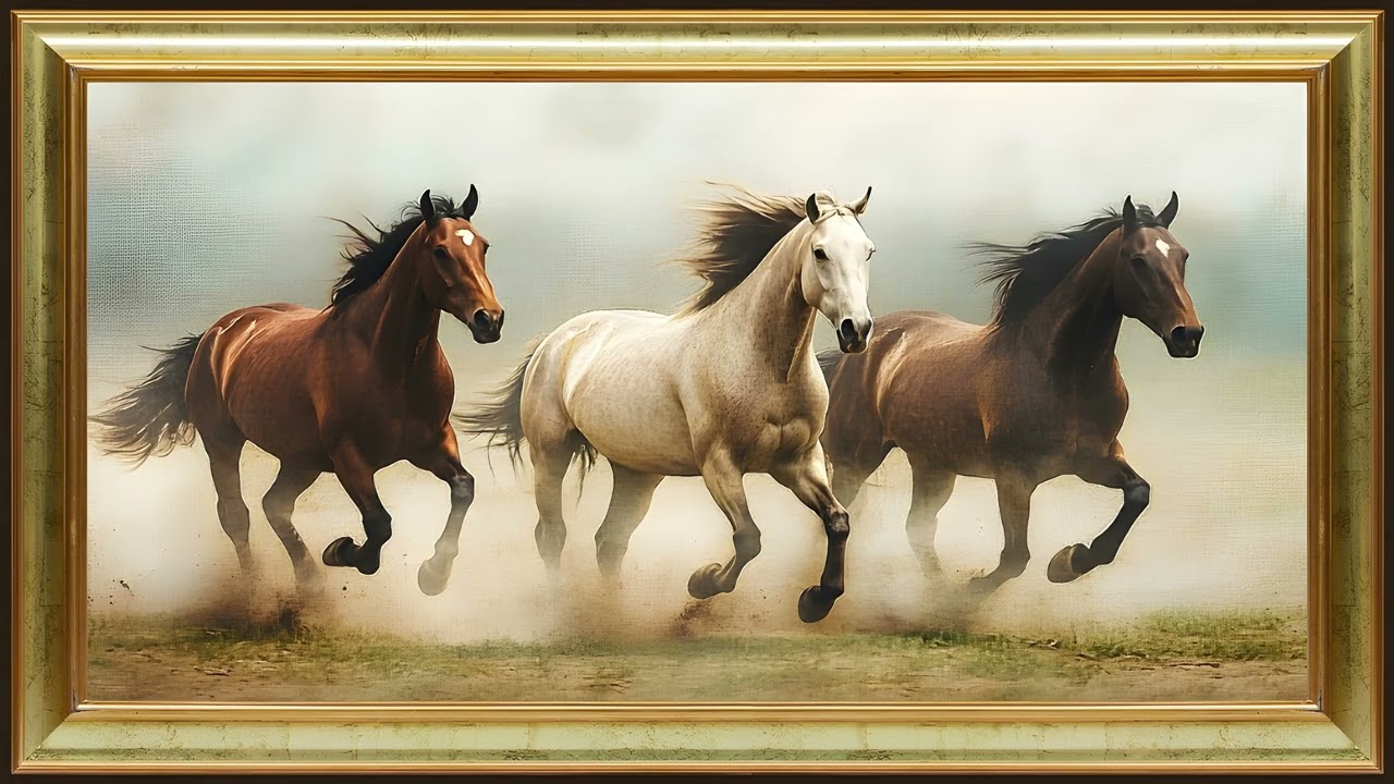 Running Horses at Dawn, Rustic Vintage Oil Painting | Gold Frame TV Art Screensaver 4K