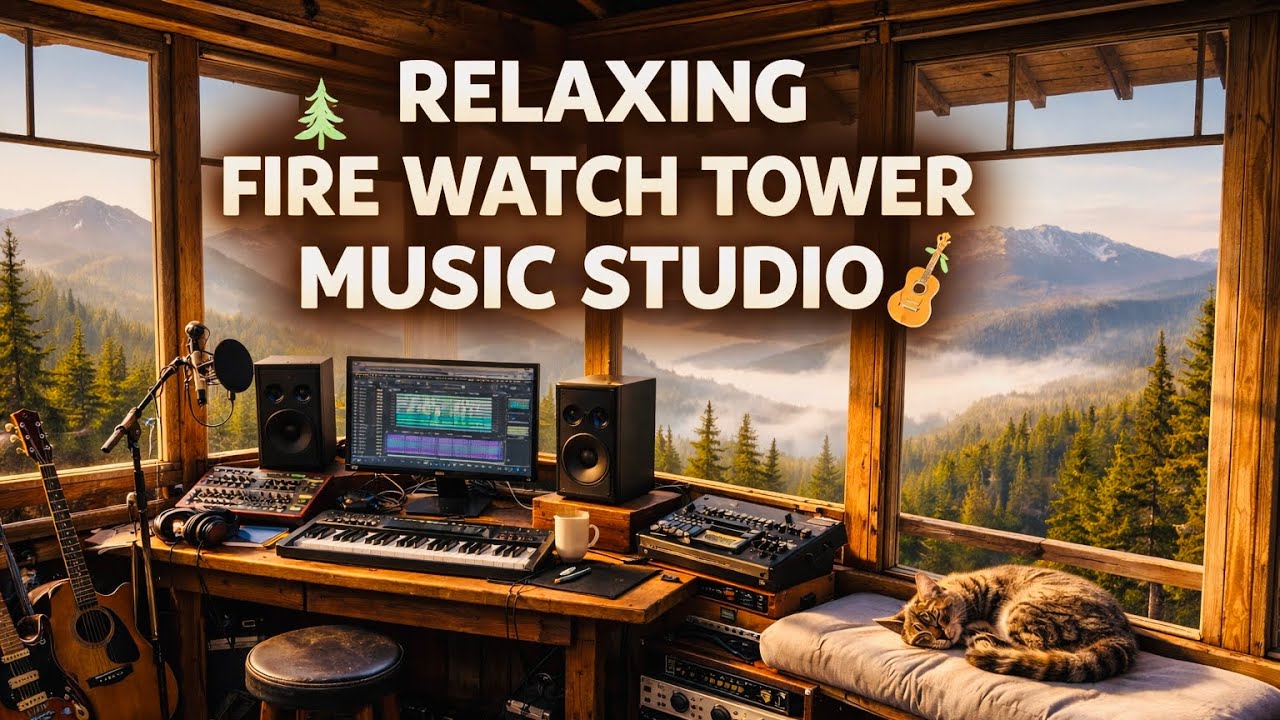 Relaxing Fire Watch Tower Music Studio 🌲Guitars, Mountain Forest Views, Nature Sounds & Cat. 