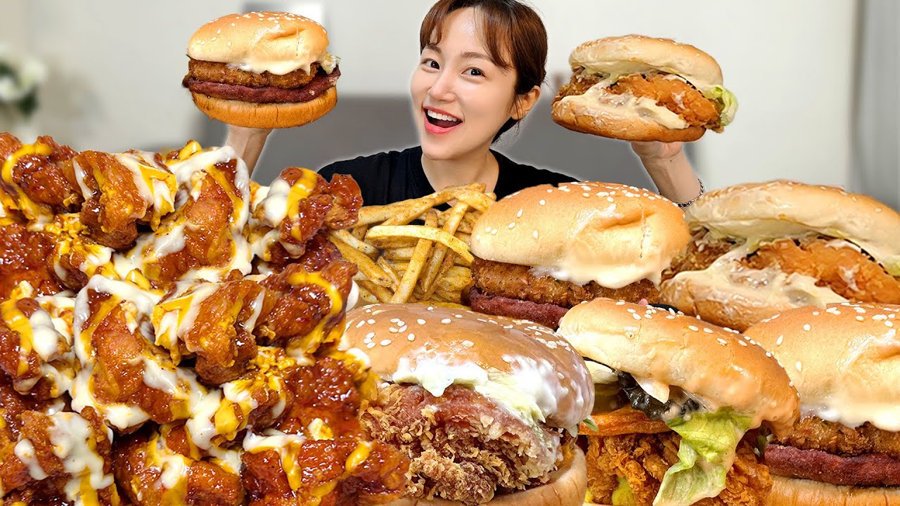 맘스터치 핫치즈싸이순살치킨에 햄버거🍔감자튀김까지 꿀조합 먹방! 싸이버거 인크레더블버거 딥치즈버거 새우불고기버거 Burger & Chicken Mukbang
