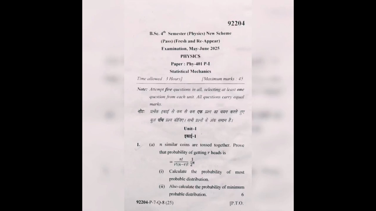 B.Sc. 4th sem 2025 mdu statistical mechanics question paper