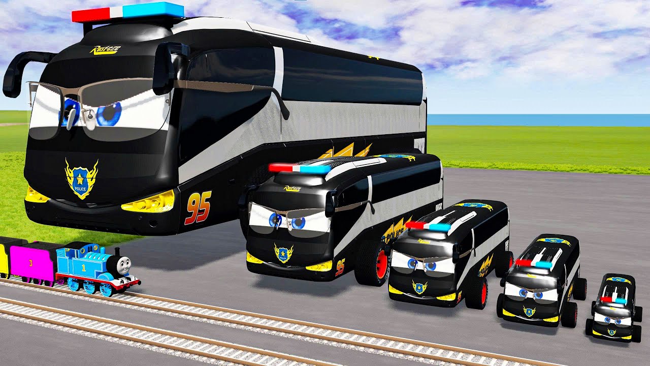 Big & Small Long Police Buses Spiderman vs Train Thomas | BeamNG.Drive