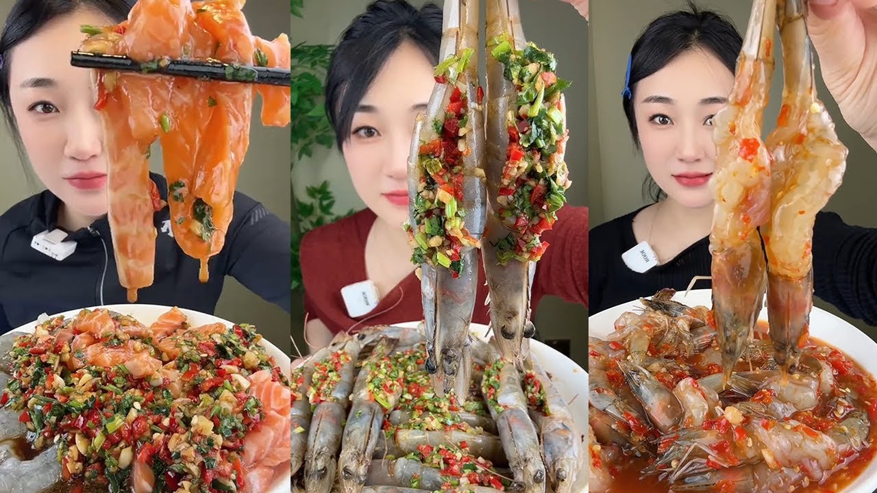 【Yummy】Cold marinated salmon and shrimp+stuffed shrimp+Thai style sweet and spicy shrimp🐠🦐🌶🍋#mukbang