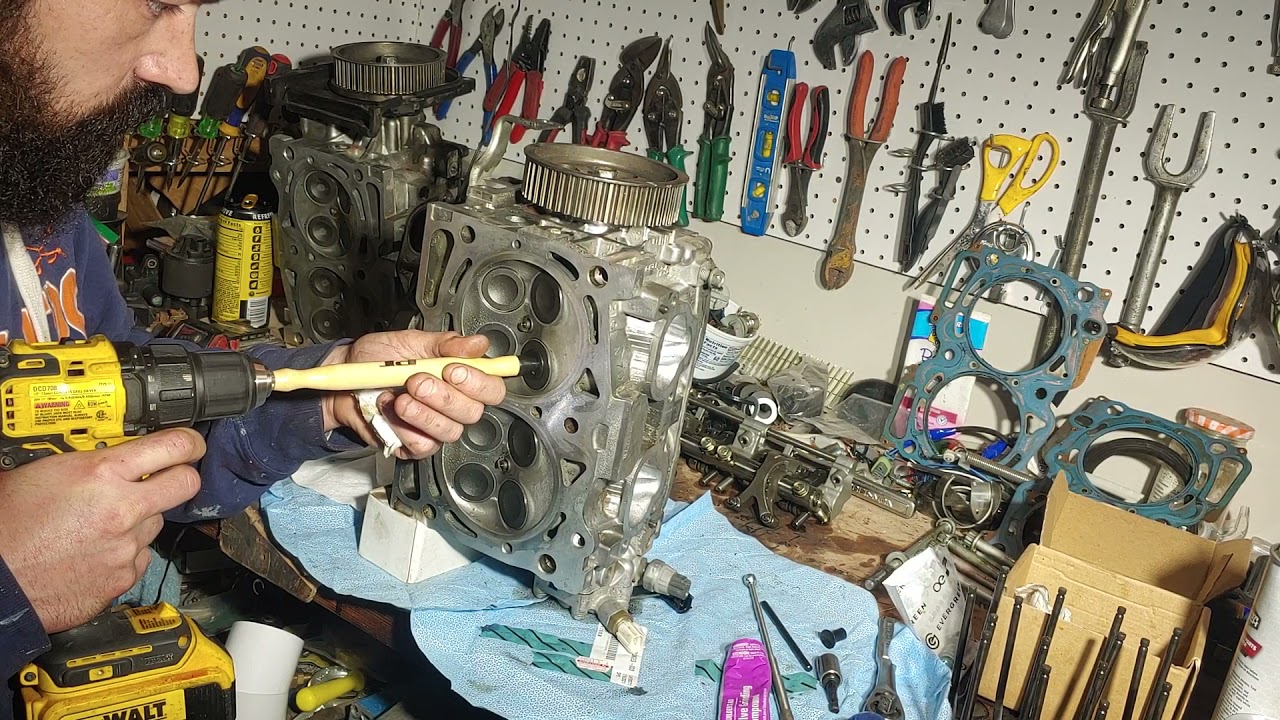 Subaru bent valve replacement. EJ25 Drill quick lashing new valves for cheap. DIY valves