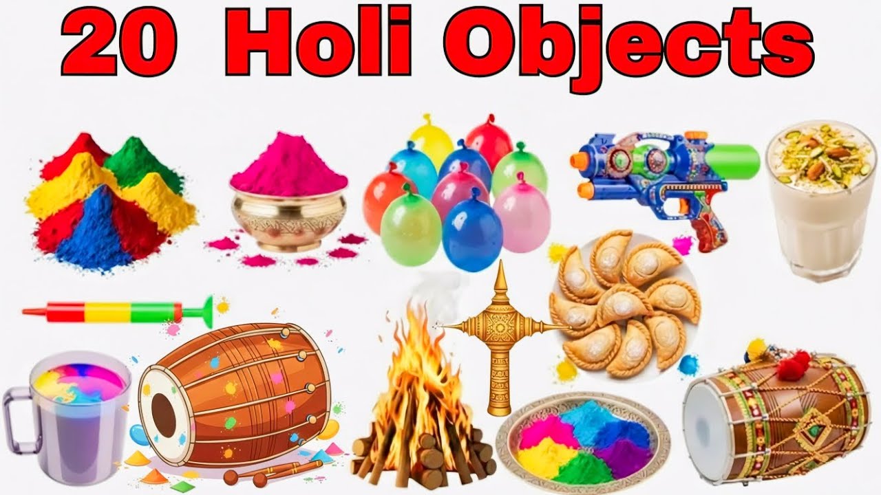 20 Holi Objects Name in English and Hindi | Kids Learning Video 🌈
