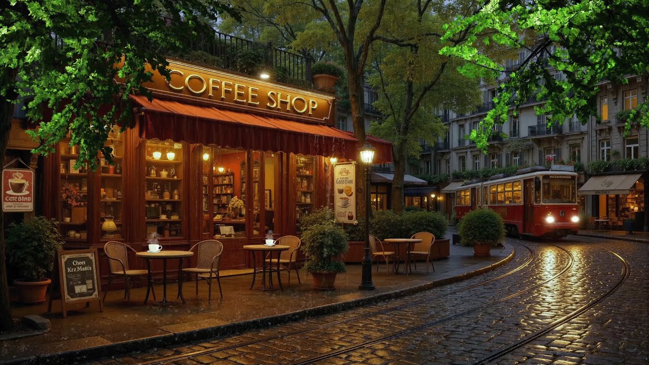Vintage Tram Ride by a Rainy Coffee Street ☕ Smooth Jazz & Gentle Rain Ambience to Relax and Focus