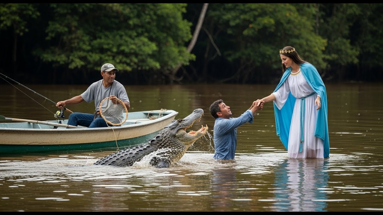 Jacaré de 13m salta sobre barco no Tocantins — pescador é puxado para a margem por Nossa Senhora.