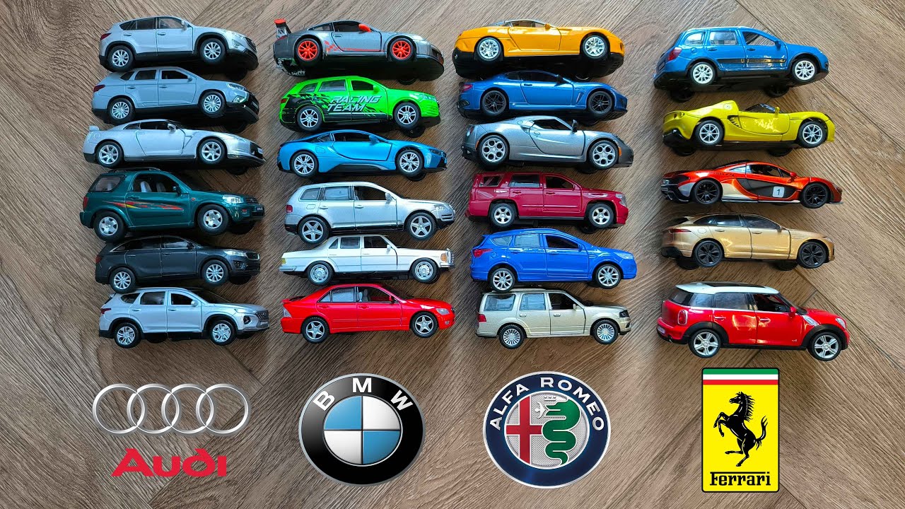 Model Car Collection With Car Logos - Audi, BMW, Porsche, VW, Mini, Ferrari, Alfa Romeo, Jaguar...