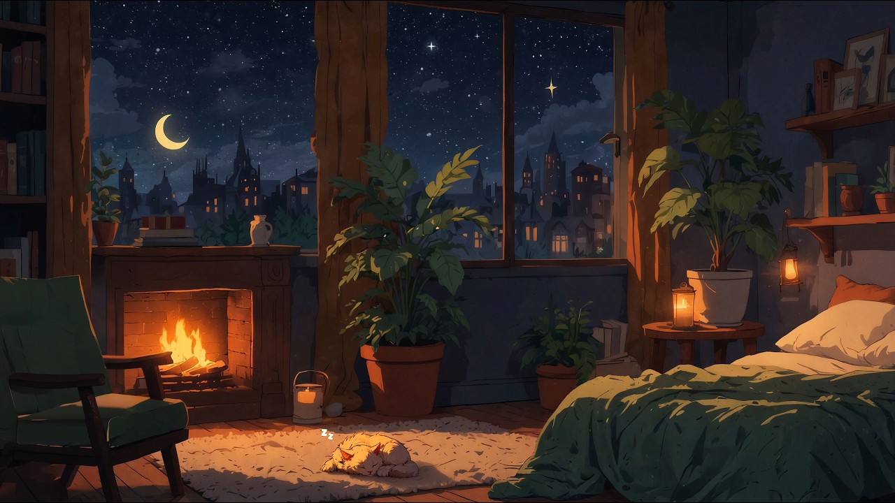 Lofi Fireplace | Crescent Moon & Starry City Night with Sleeping Cat by the Fire for Deep Sleep 🌙✨🐱