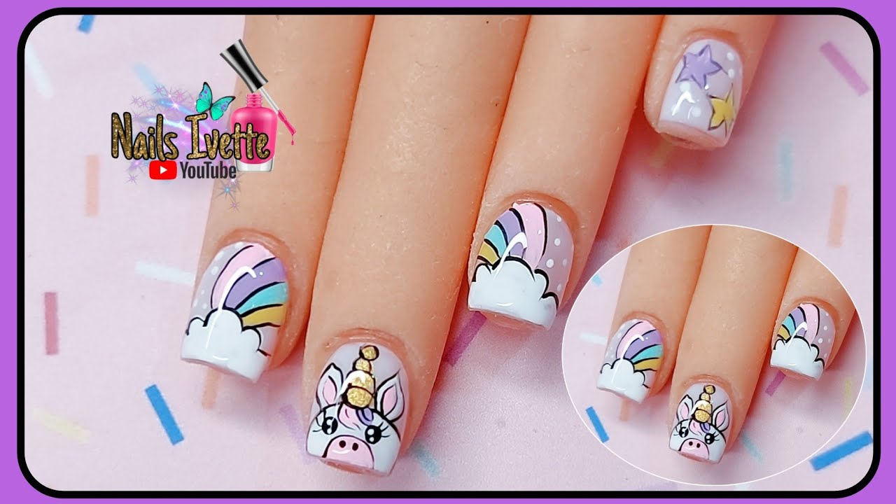 Decoración para uñas cortas Unicornio / Uñas decoradas a mano alzada / Diseño de uñas cortas bonitas