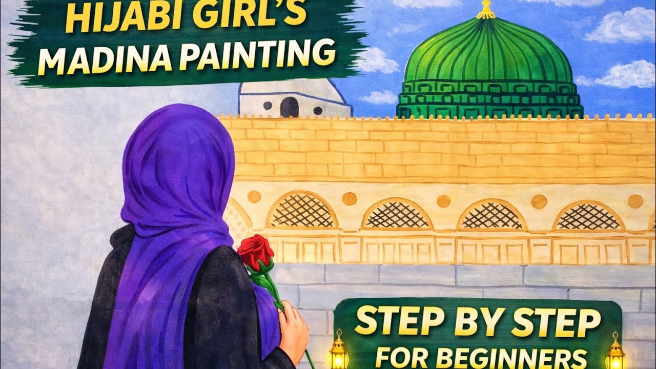 Beautiful madina with hizabi girl painting |tutorial for beginners | step by step| #viralvideo #art 
