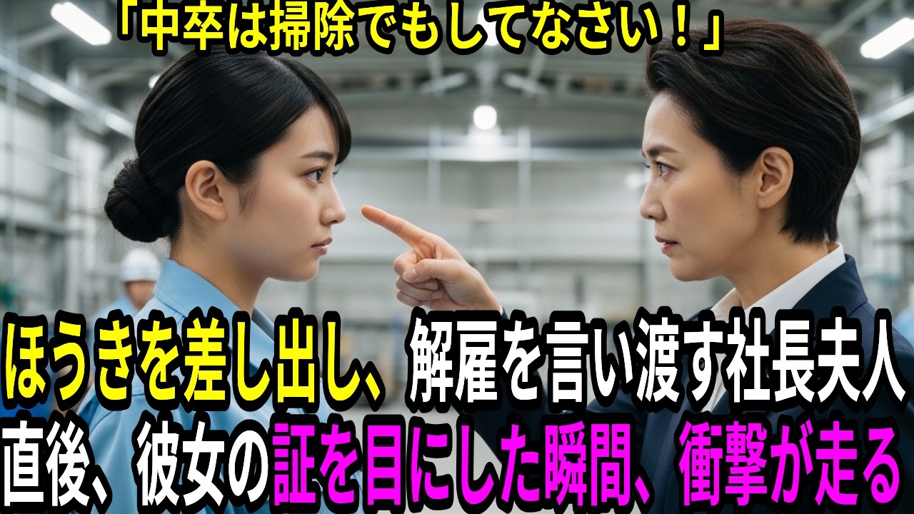 「中卒はクビよ！」清掃でもしろと言わんばかりにほうきを突き付け、解雇を言い渡した社長夫人。「承知しました」その直後、衝撃の結末が……果たして、女の正体とは？