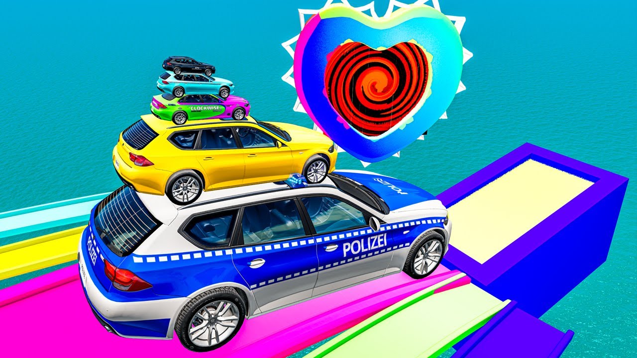 Super Big Police🚨& Small Cars vs Portal Trap with Slide Colors - Cars vs Train vs bomb- BeamNG.Drive