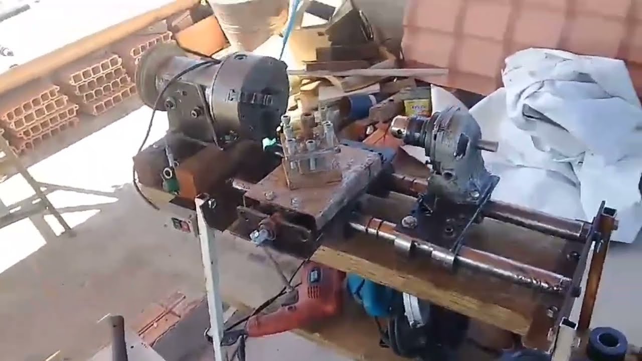 MINI Torno com motor de tanquinho! feito com ferro e sem usar solda