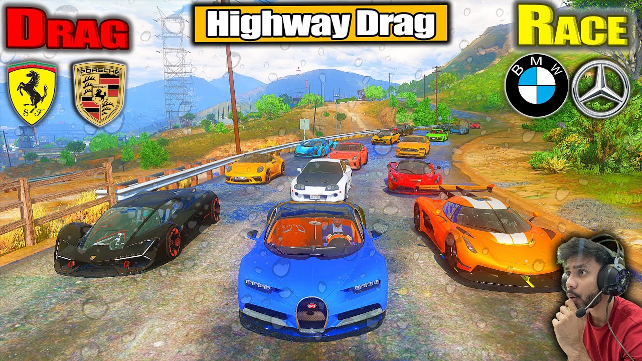 Rainy Day 💪 Vs Super cars🚀Impossible Highway Drag Race GTA 5