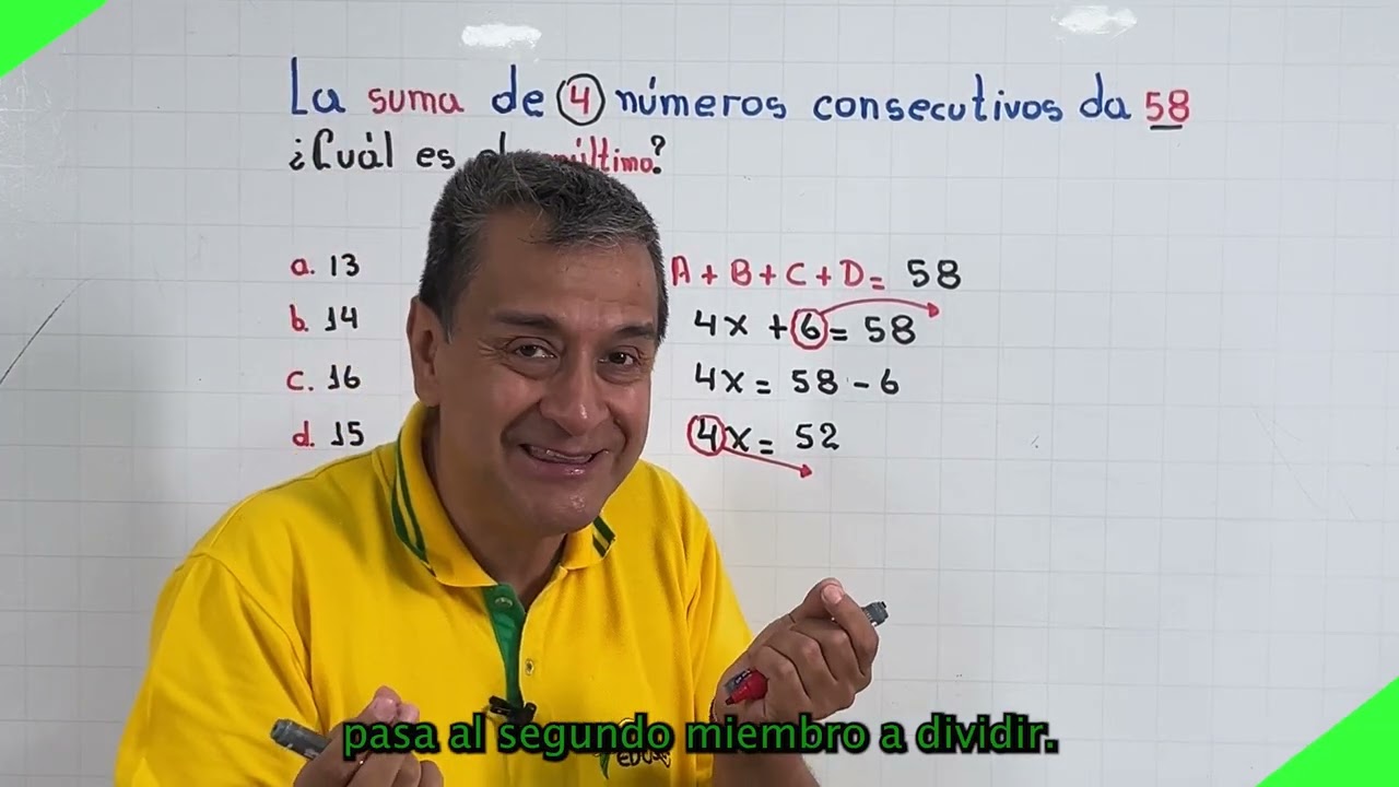 La suma de cuatro números consecutivos da 58. ¿Cuál es el penúltimo?