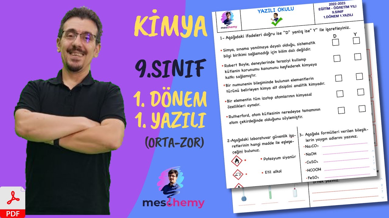 9.sınıf kimya 1.dönem 1.yazılı 2022-2023 (orta-zor) + 📑 PDF