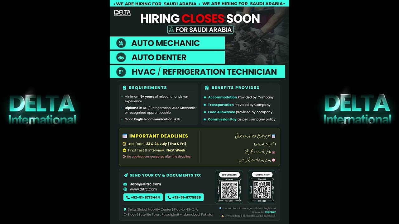 Last Date to Apply: Auto Mechanic, Auto Denter, and HVAC/Refrigeration Technician Jobs in Saudi A...