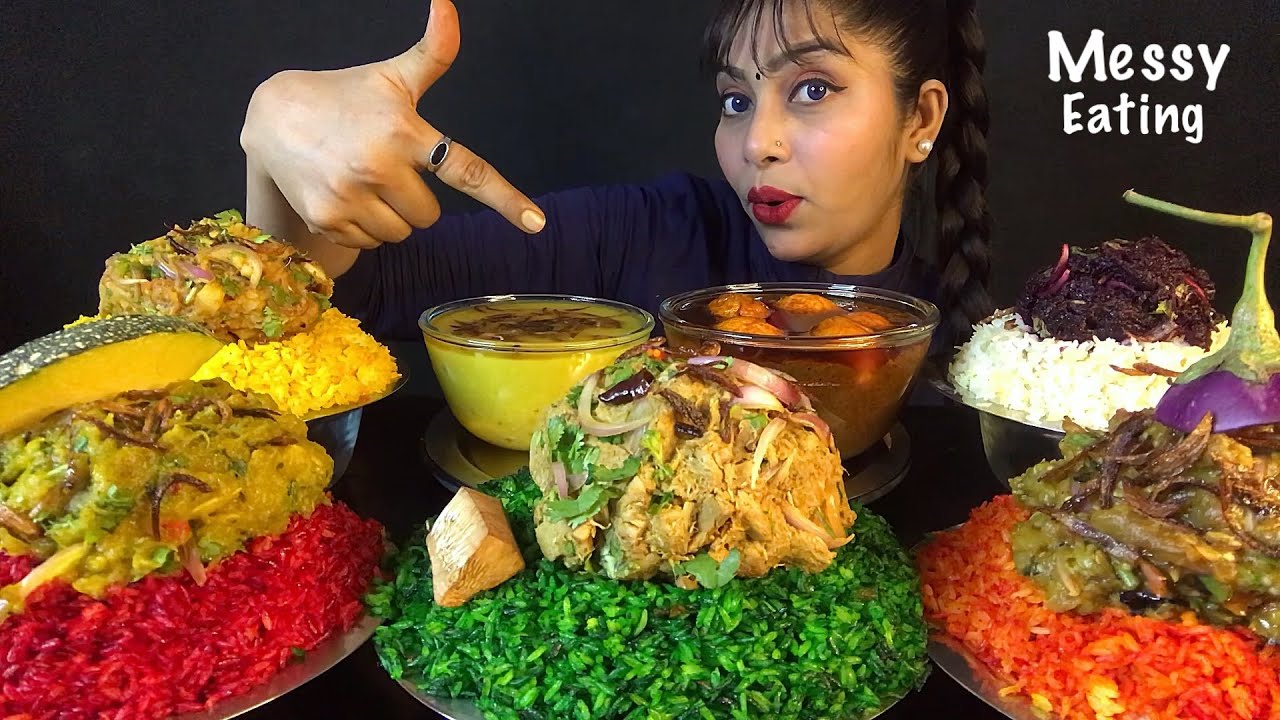EATING 5 DIFFERENT TYPES OF RICE WITH BHARTA DAL SPICY EGGS CURRY | MESSY EATING SHOW | ASMR MUKBANG